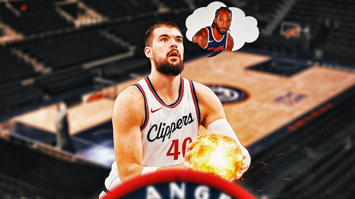 Los Angeles Clippers center Ivica Zubac shooting a ball of fire with a thought bubble that has Clippers forward Kawhi Leonard in it.