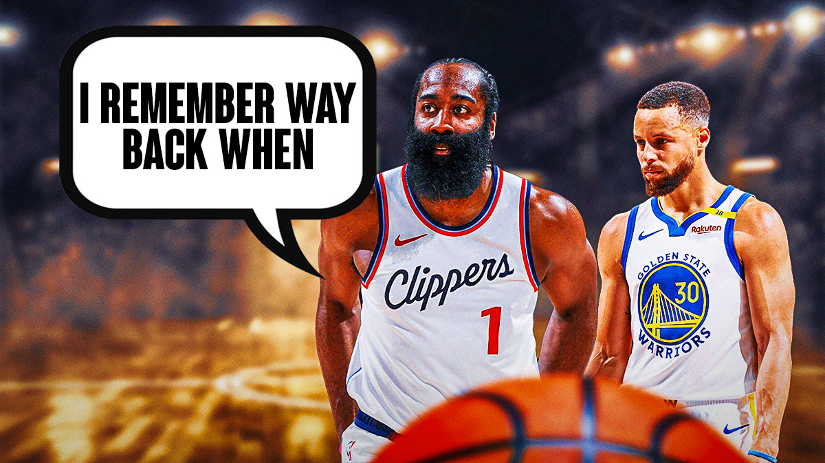 Clippers' James Harden with a thought bubble that says I REMEMBER WAY BACK WHEN next to Warriors' Stephen Curry
