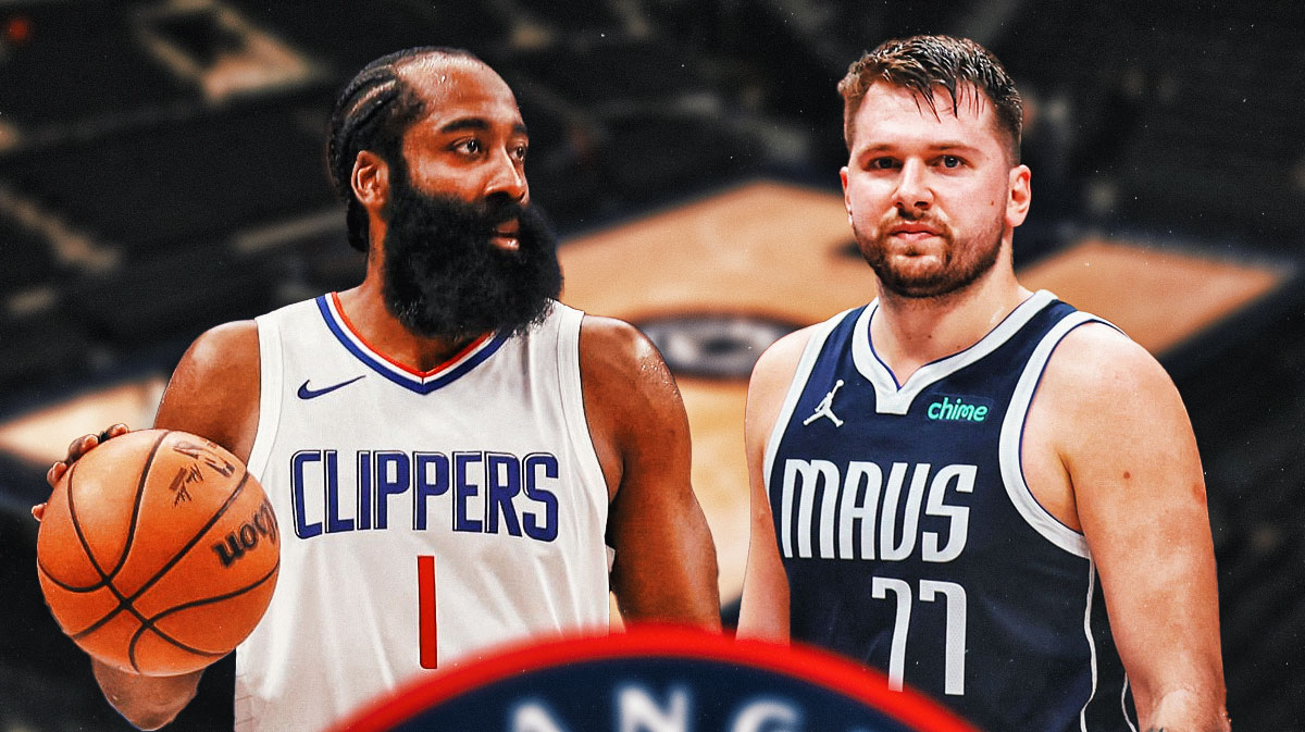 James Harden in a Clippers jersey and Luka Doncic in a Mavericks jersey.