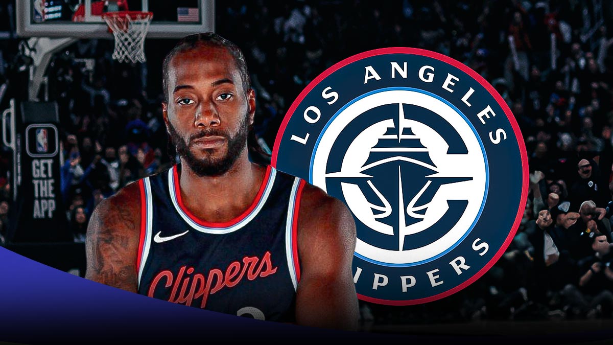 Clippers star Kawhi Leonard next to Lakers Clippers trainer Randy Shelton and the Clippers' logo