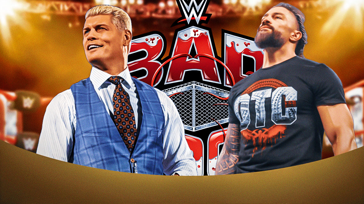 WWE stars Cody Rhodes and Roman Reigns with Bad Blood logo, where they will team up.