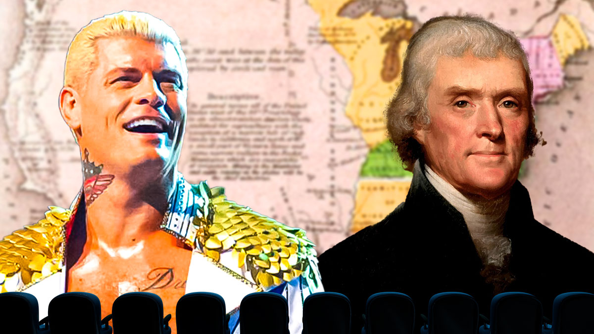 Cody Rhodes next to Thomas Jefferson with the 1803 map of the United States as the background.