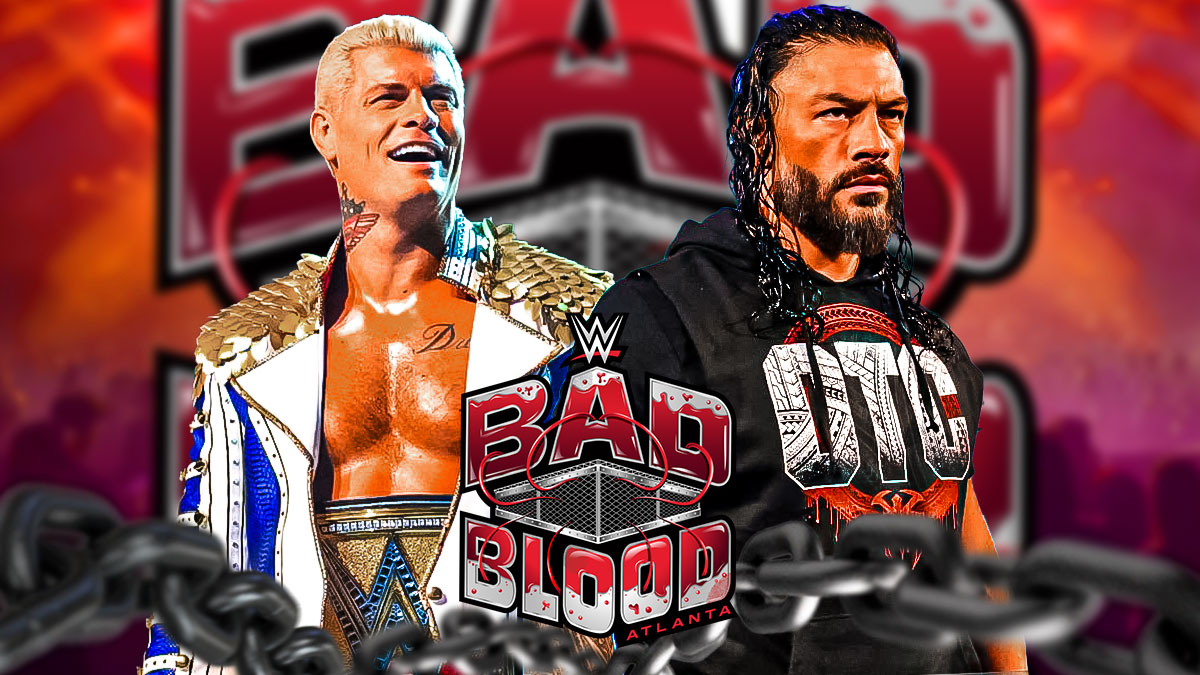 Cody Rhodes and Roman Reigns in front of the WWE Bad Blood logo.
