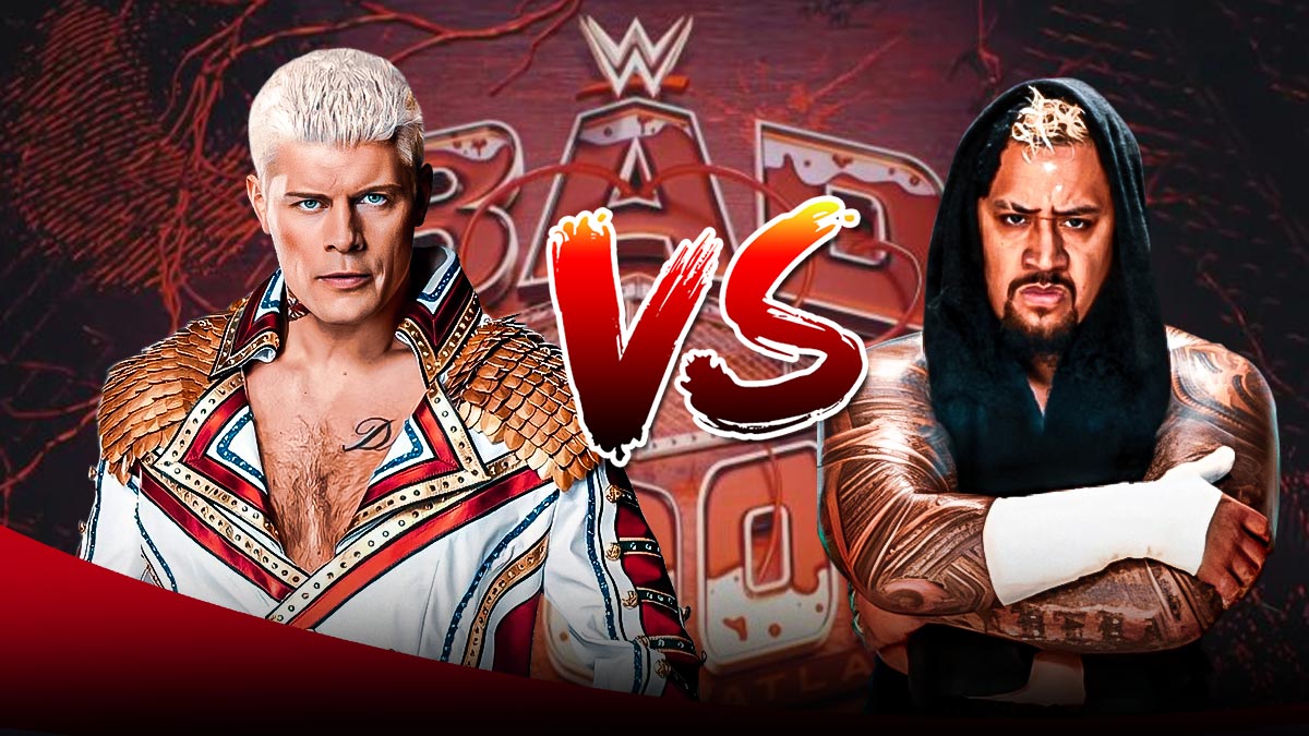 Cody Rhodes on the left, Solo Sikoa on the right with the WWE Bad Blood logo as the background and a vs. symbol between them.