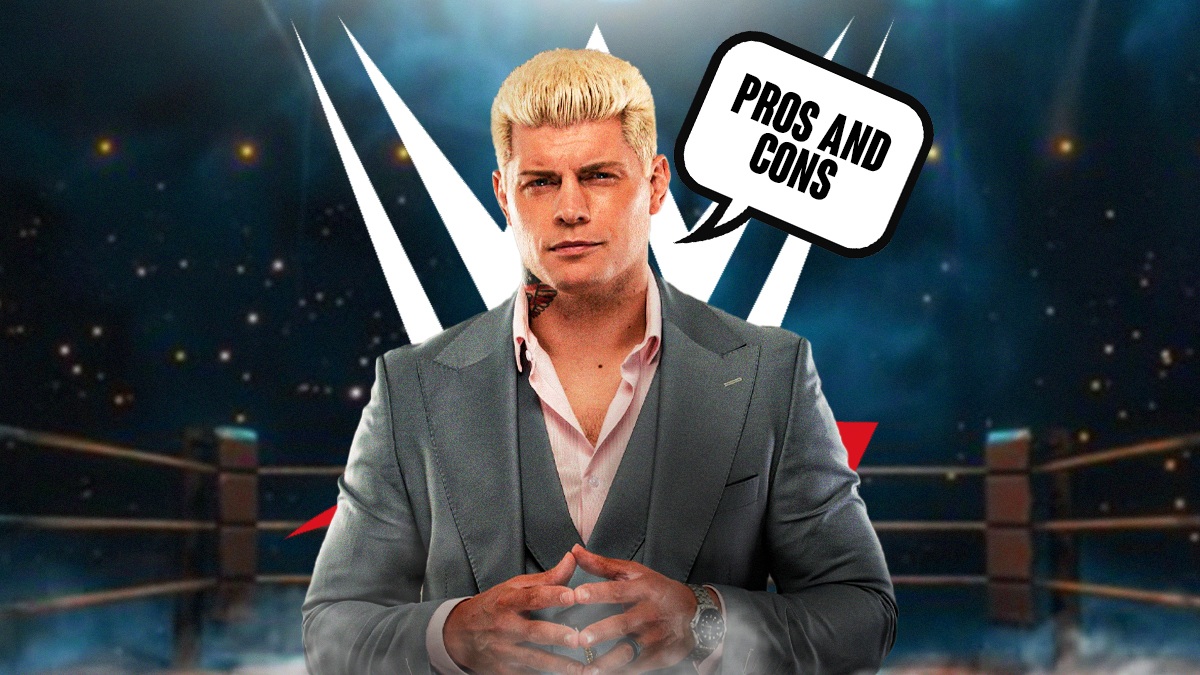 Cody Rhodes with a text bubble reading "Pros and cons" in a WWE wrestling ring.