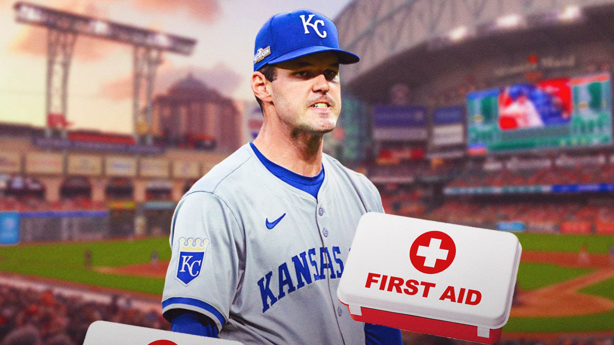 Royals pitcher Cole Ragans, medical kit next to him, Minute Maid Park behind him