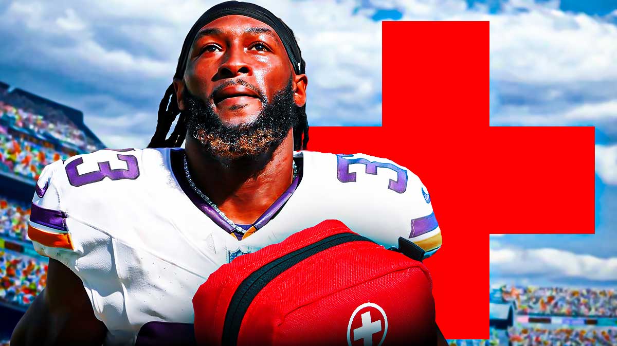 Aaron Jones in Vikings uniform with a medical Red Cross symbol