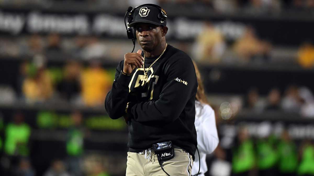 Colorado Buffaloes head coach Deion Sanders looks on from the sideline during the second half against the Kansas State Wildcats at Folsom Field