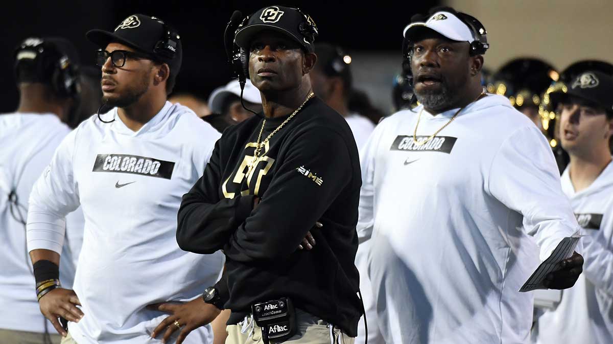Colorado Buffaloes head coach Deion Sanders looks from the sidelines during the second half against the Kansas State Wildcats at Folsom Field.