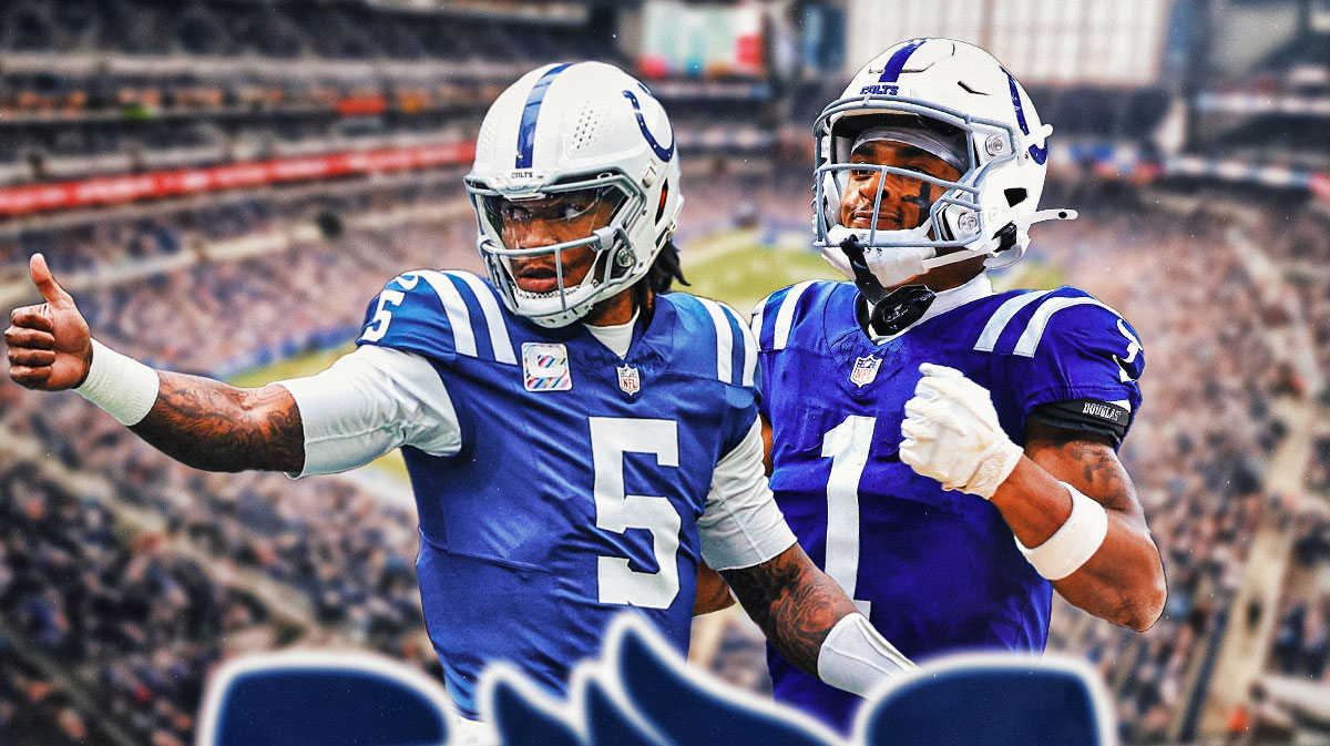 Anthony Richardson and Josh Downs celebrating in Colts uniforms