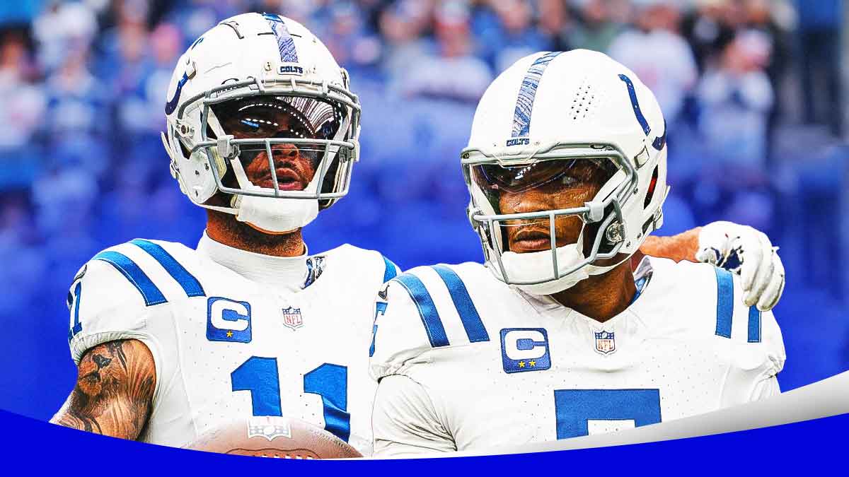 Michael Pittman Jr. with his arm around Anthony Richardson, both in Colts uniforms