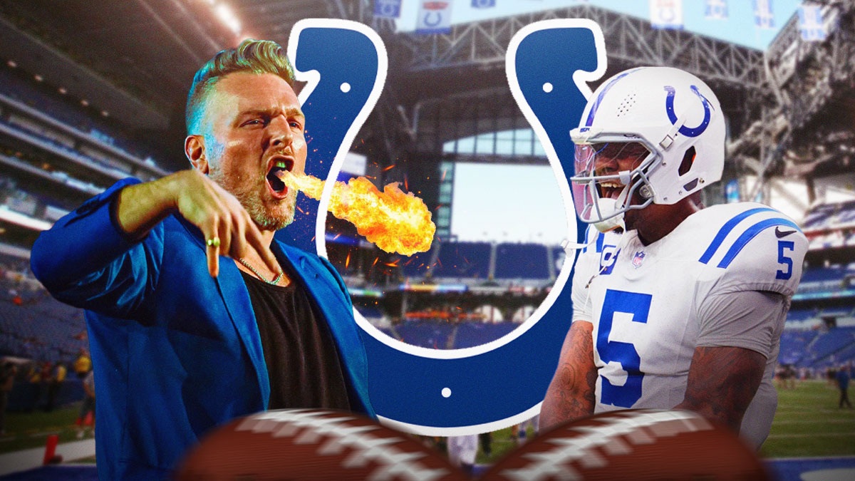 Pat McAfee looking angry next to Colts QB Anthony Richardson being upset. Colts logo in the background