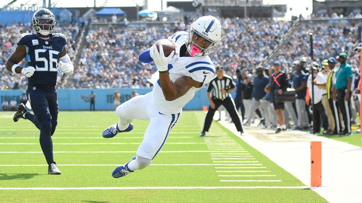 Indianapolis Colts wide receiver Josh Downs (1) makes a touchdown catch against the Tennessee Titans during the first half at Nissan Stadium.