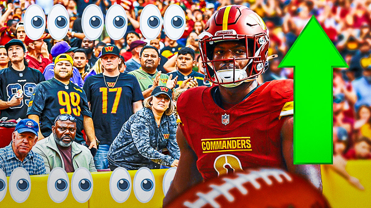 Brian Robinson Jr. with an arrow pointing upwards on one side, a bunch of Washington Commanders fans on the other side with the big eyes emoji around them