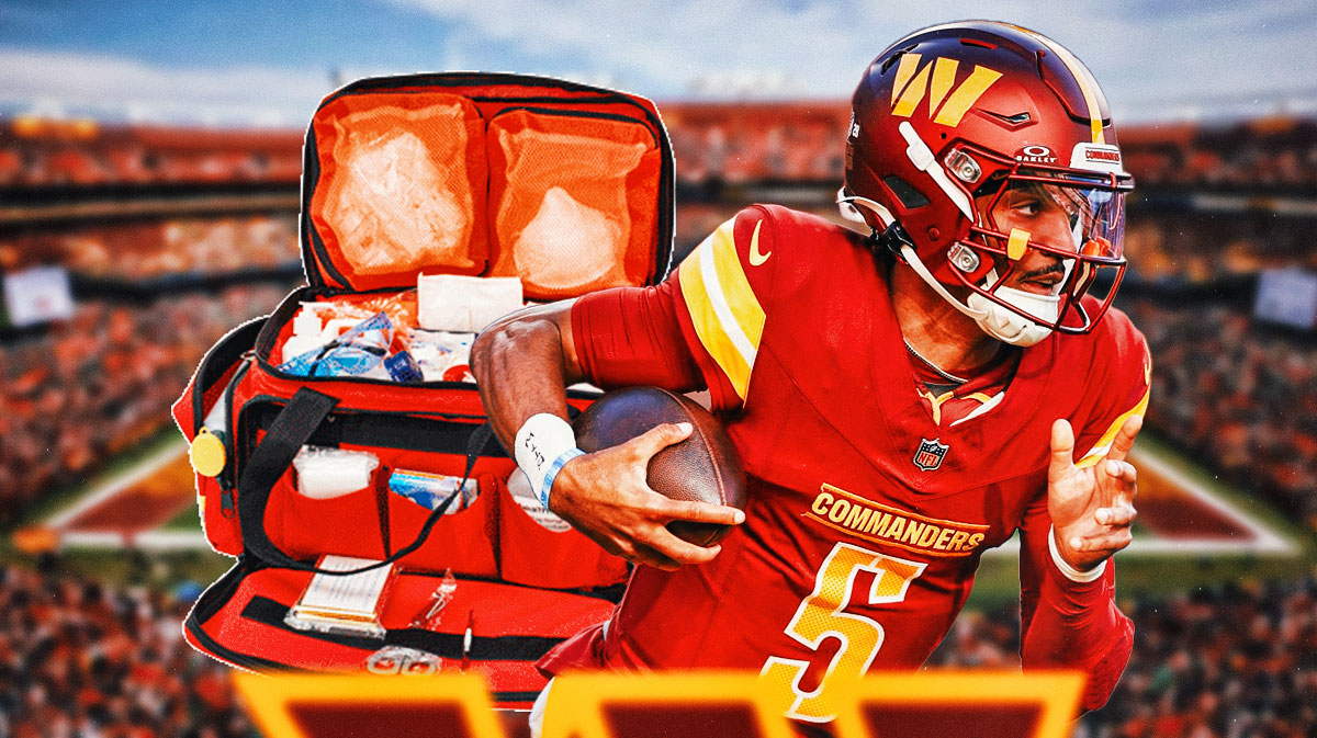 Commander Jayden Daniels next to a first-aid kid after being listed as questionable for Sunday's game