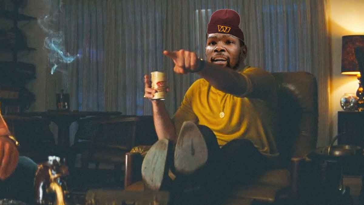 Kevin Durant as the Leo DiCaprio pointing meme while wearing a Washington Commanders beanie/