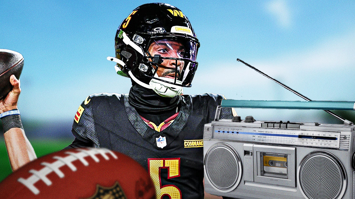 Commanders Jayden Daniels next to a radio