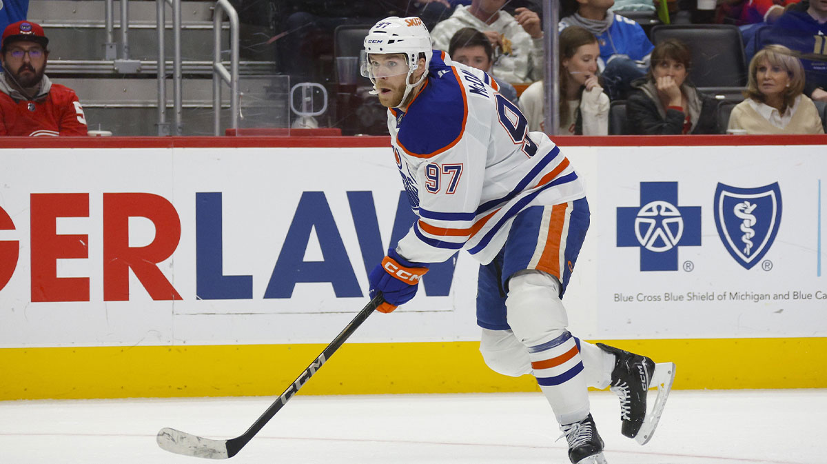 Edmonton Oilers center Connor McDavid (97) handles the puck during the third period of the game against the Detroit Red Wings at Little Caesars Arena.