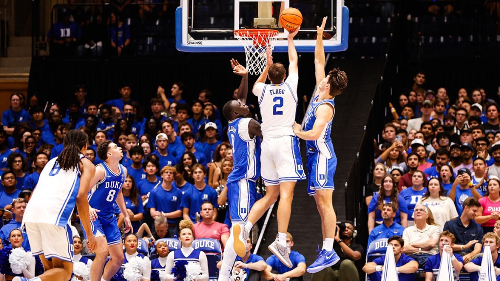 Duke Blue Devils guard Cooper Flagg (2) dunks the ball during Countdown to Craziness at Cameron Indoor Stadium.