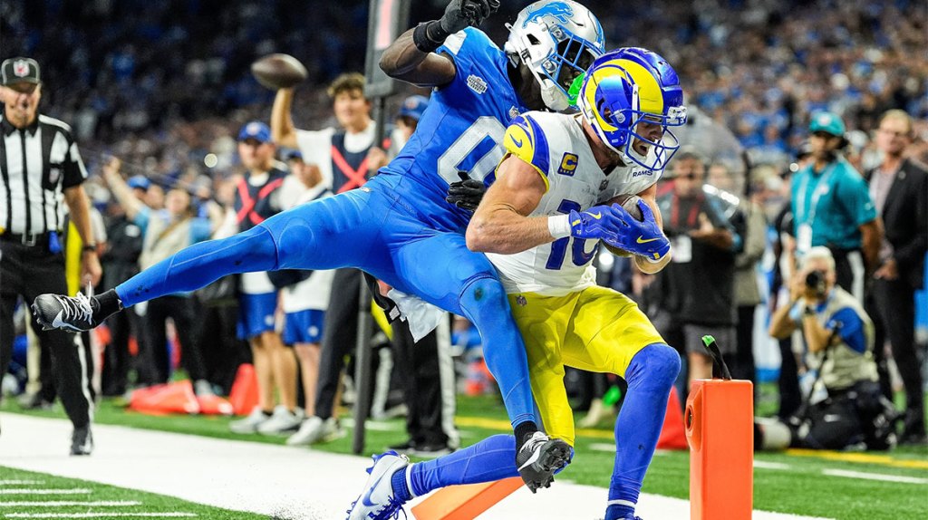 Los Angeles Rams wide receiver Cooper Kupp (10) scores a touchdown against Detroit Lions cornerback Terrion Arnold (0) during the second half at Ford Field in Detroit on Sunday, September 8, 2024.