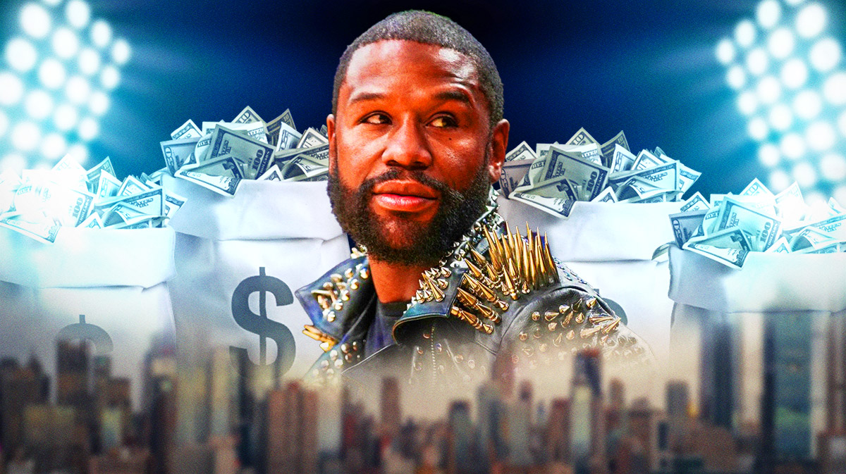Floyd Mayweather in the foreground with some NYC skyscrapers and bags of money in the background