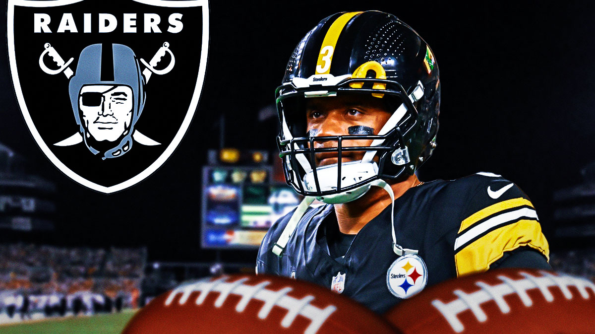 Pittsburgh Steelers quarterback Russell Wilson looking up at the Las Vegas Raiders logo