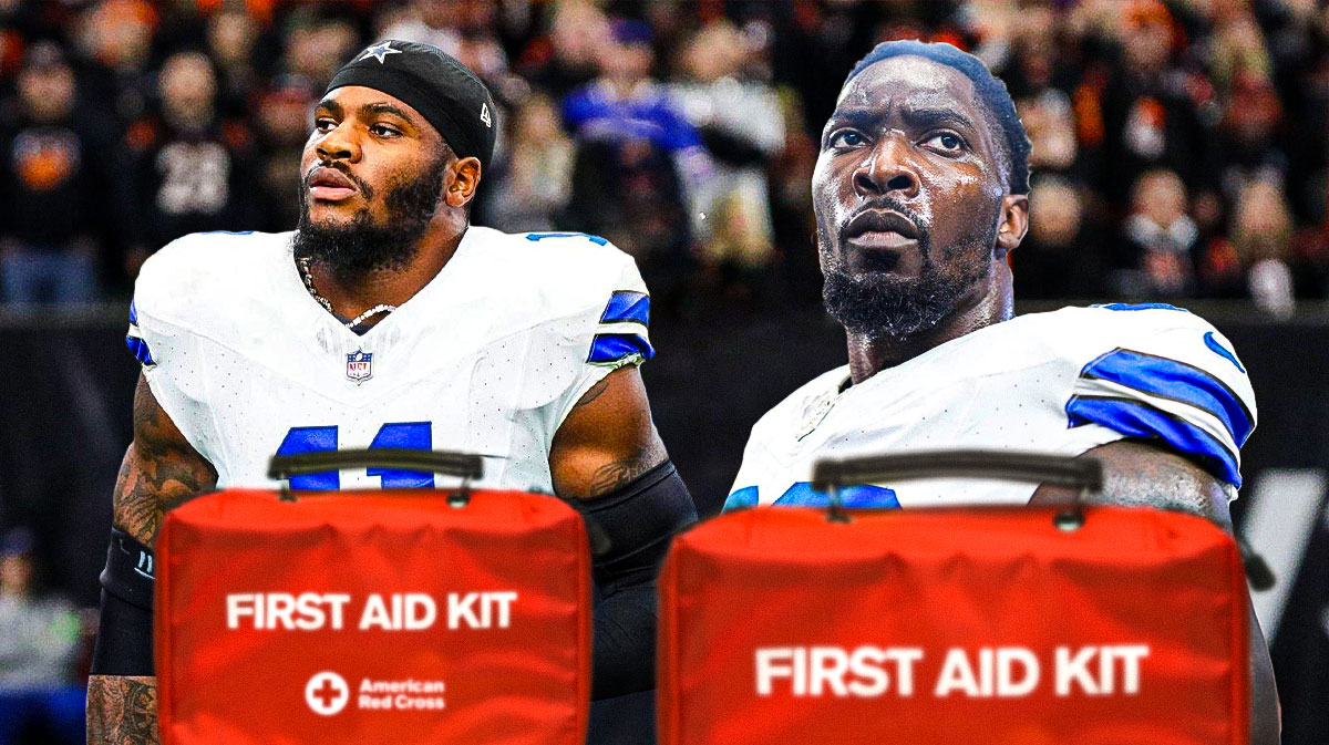 Cowboys DeMarcus Lawrence and Micah Parsons with first aid kit