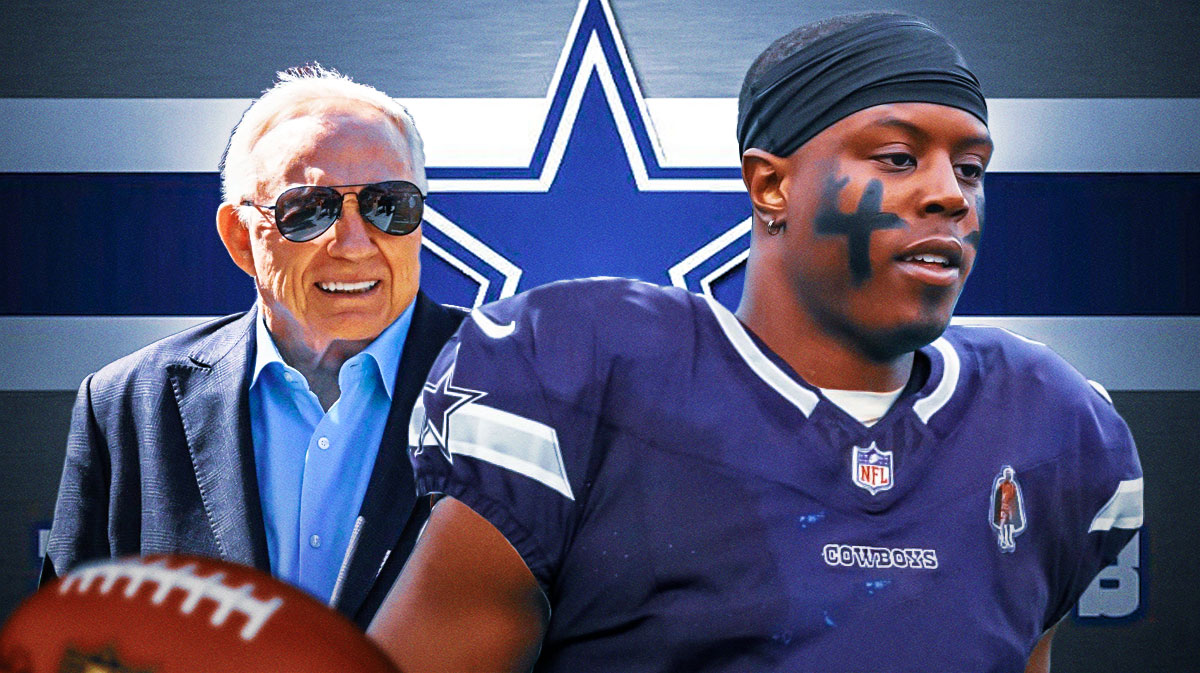 Jacksonville Jaguars running back Travis Etienne Jr. with a photoshopped Dallas Cowboys jersey on him. There's also a photo of Dallas Cowboys general manager Jerry Jones smiling but has question marks around him.