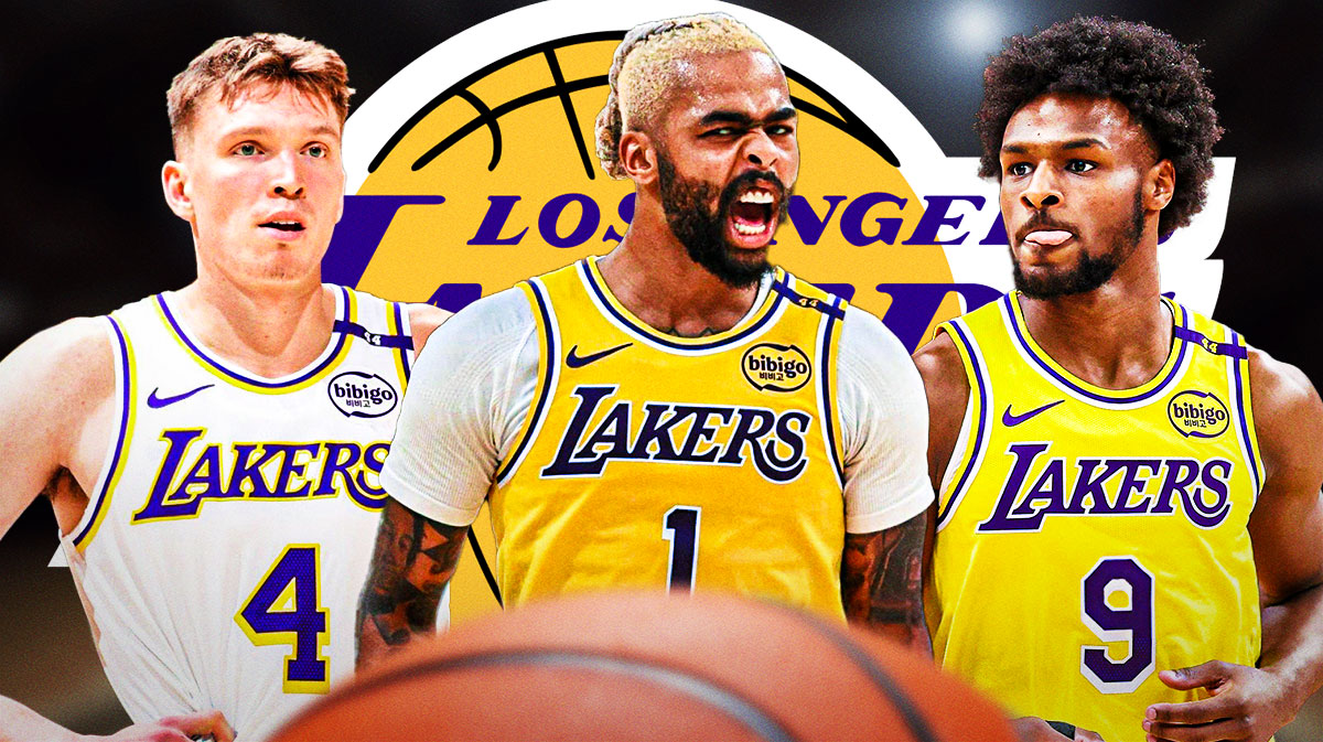 Bronny James and Dalton Knecht on either side, D'Angelo Russell in middle, LA Lakers logo, basketball court in background