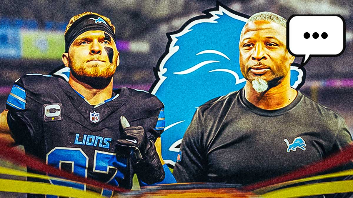 Detroit Lions defensive coordinator Aaron Glenn with a speech bubble that has the three dots emoji inside. Next to him is Lions defensive end Aidan Hutchinson. There is also a logo for the Detroit Lions.