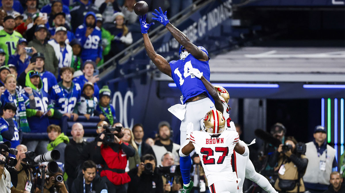 Seattle Seahawks wide receiver DK Metcalf (14) fails to catch a potential touchdown pass against the San Francisco 49ers during the fourth quarter at Lumen Field.