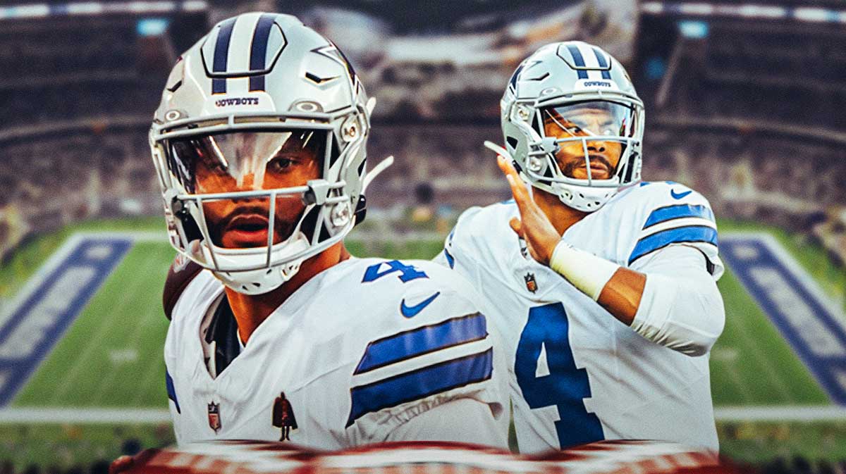 Dallas Cowboys star Dak Prescott in front of AT&T Stadium.
