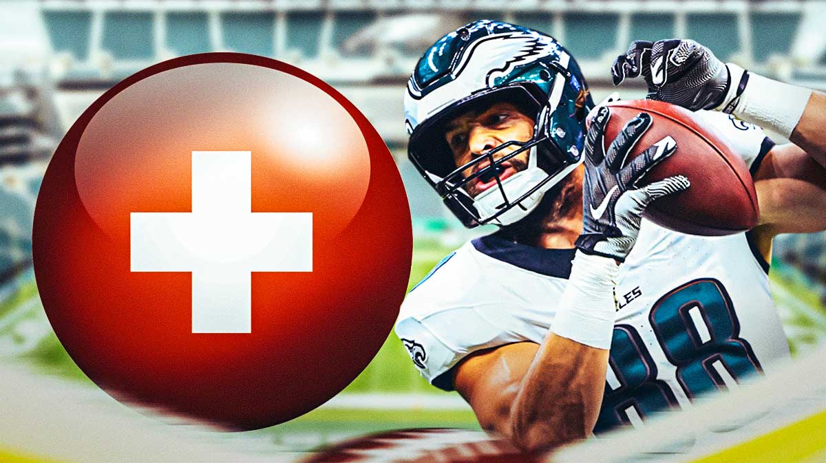 Eagles tight end Dallas Goedert with medical Red Cross symbol