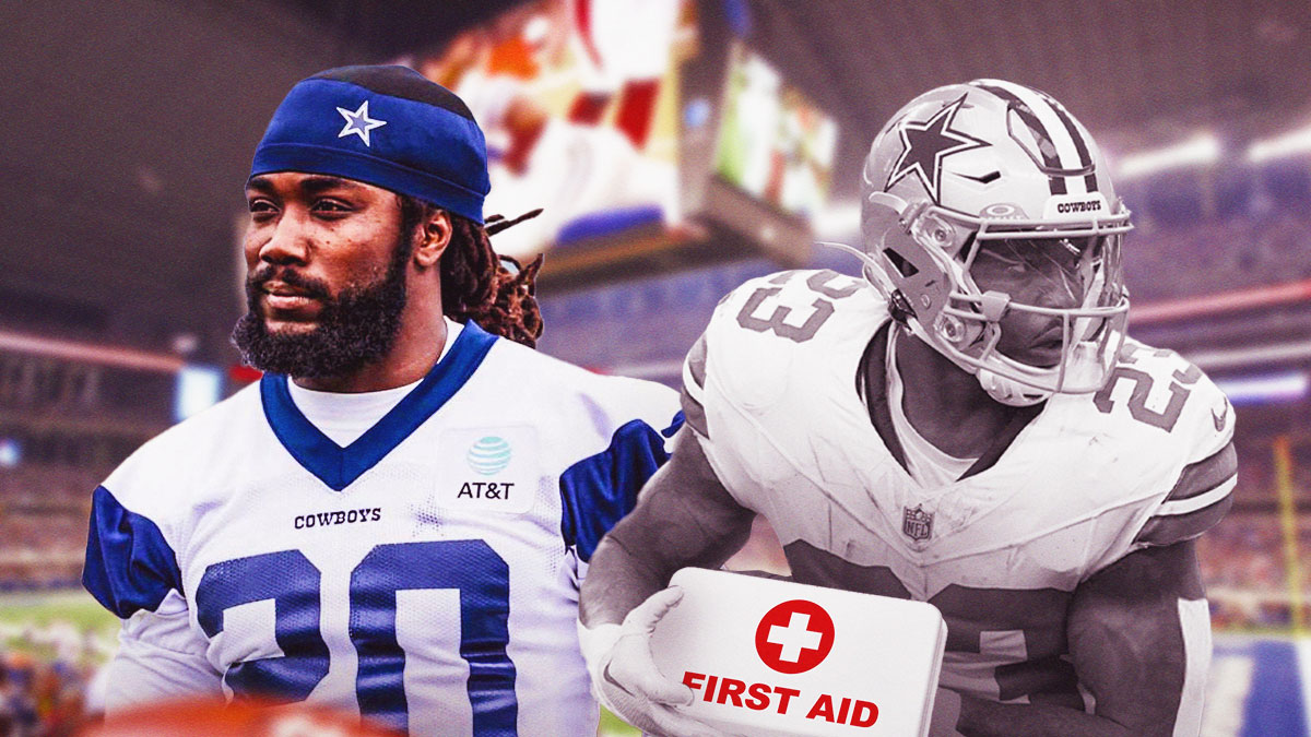 Cowboys' Dalvin Cook (jersey #20) next to a greyed out Rico Dowdle holding a medic kit