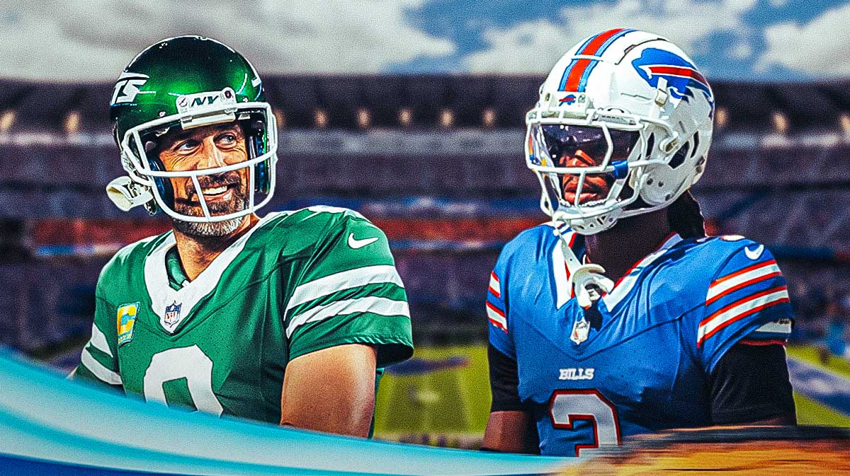 New York Jets quarterback Aaron Rodgers smiling, with a photo of Buffalo Bills safety Damar Hamlin beside him, with a background of MetLife Stadium.