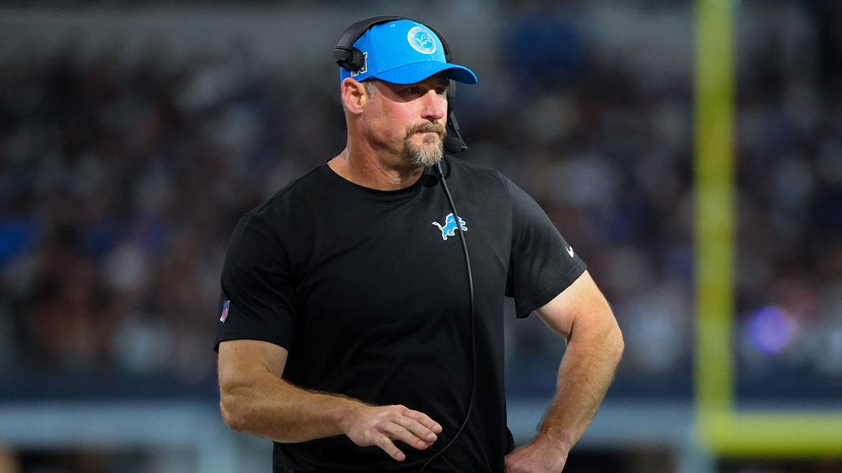 Detroit Lions head coach Dan Campbell looks on during the first half against the Dallas Cowboys at AT&T Stadium.