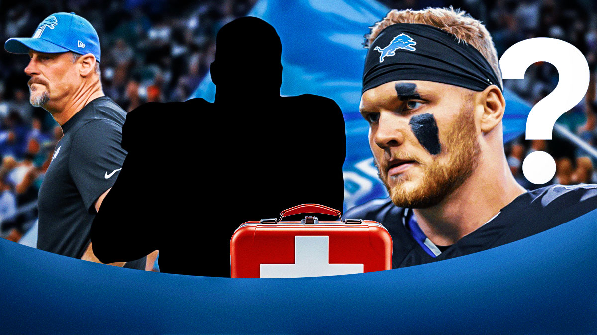 Lions Aidan Hutchinson with med kit and question marks next to Dan Campbell and the silhouette of Maxx Crosby
