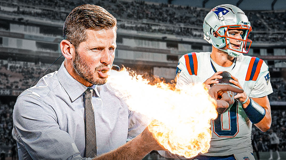 Dan Orlovsky spitting fire, Drake Maye in Patriots uniform next to him