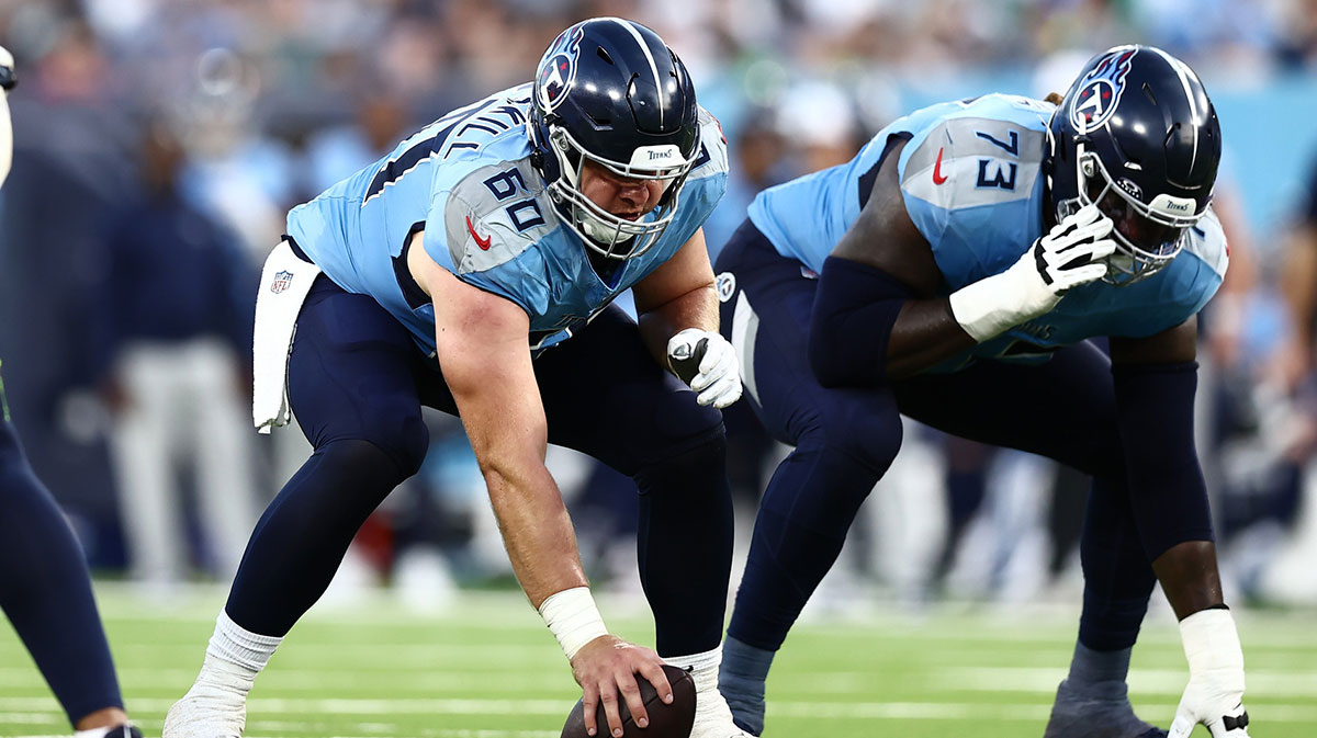 Tennessee Titans offensive tackle Daniel Brunskill (60) and offensive tackle Lachavious Simmons (73) set up for a play in the second quarter against the Seattle Seahawks at Nissan Stadium.