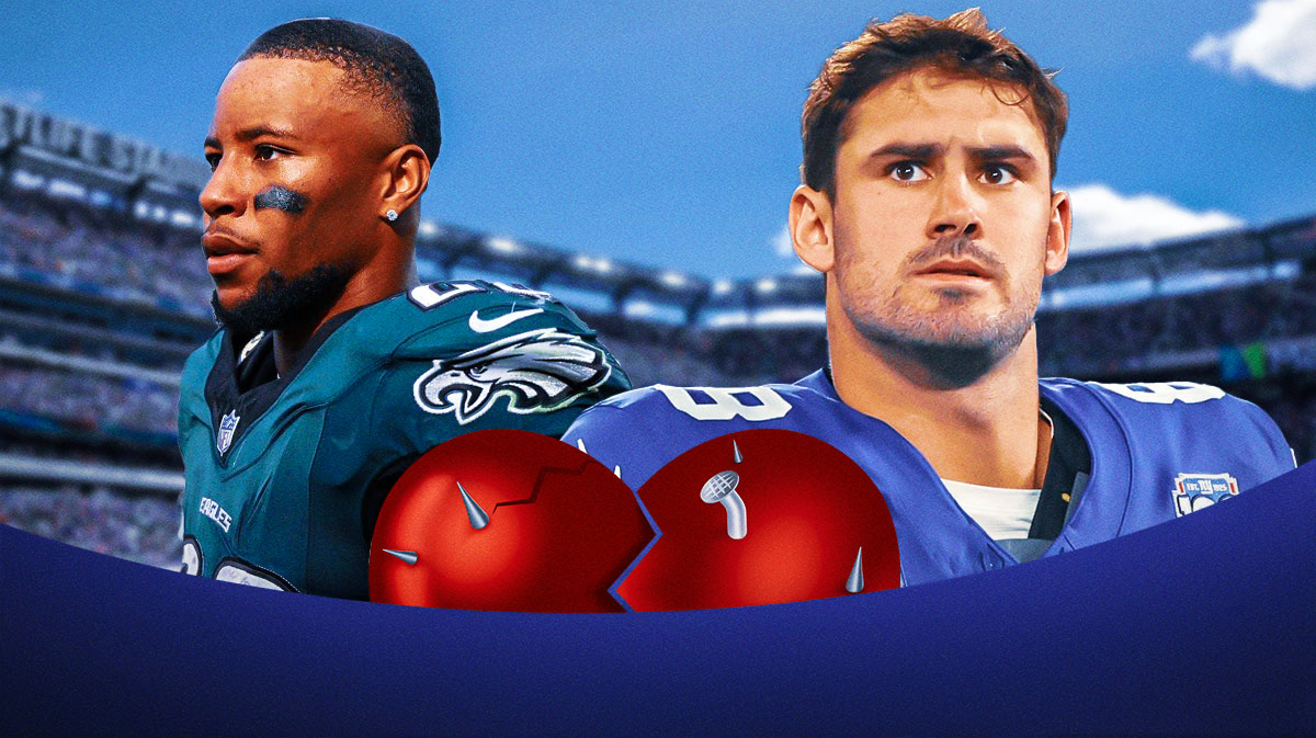 Giants’ Daniel Jones next to Eagles Saquon Barkley with a broken heart