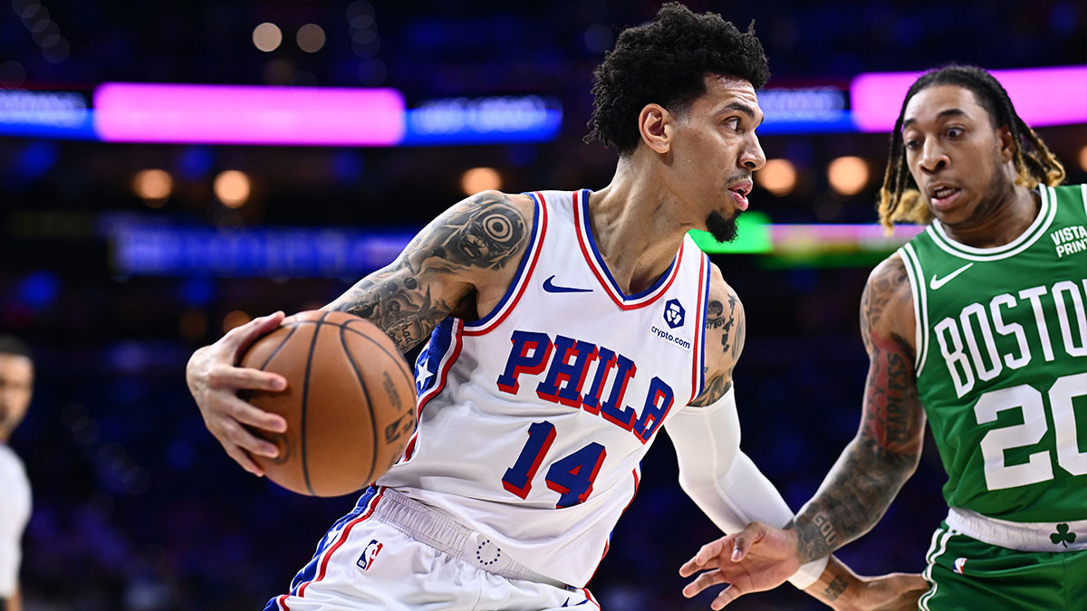 Philadelphia 76ers forward Danny Green (14) controls the ball against Boston Celtics guard JD Davidson (20) in the fourth quarter at Wells Fargo Center.