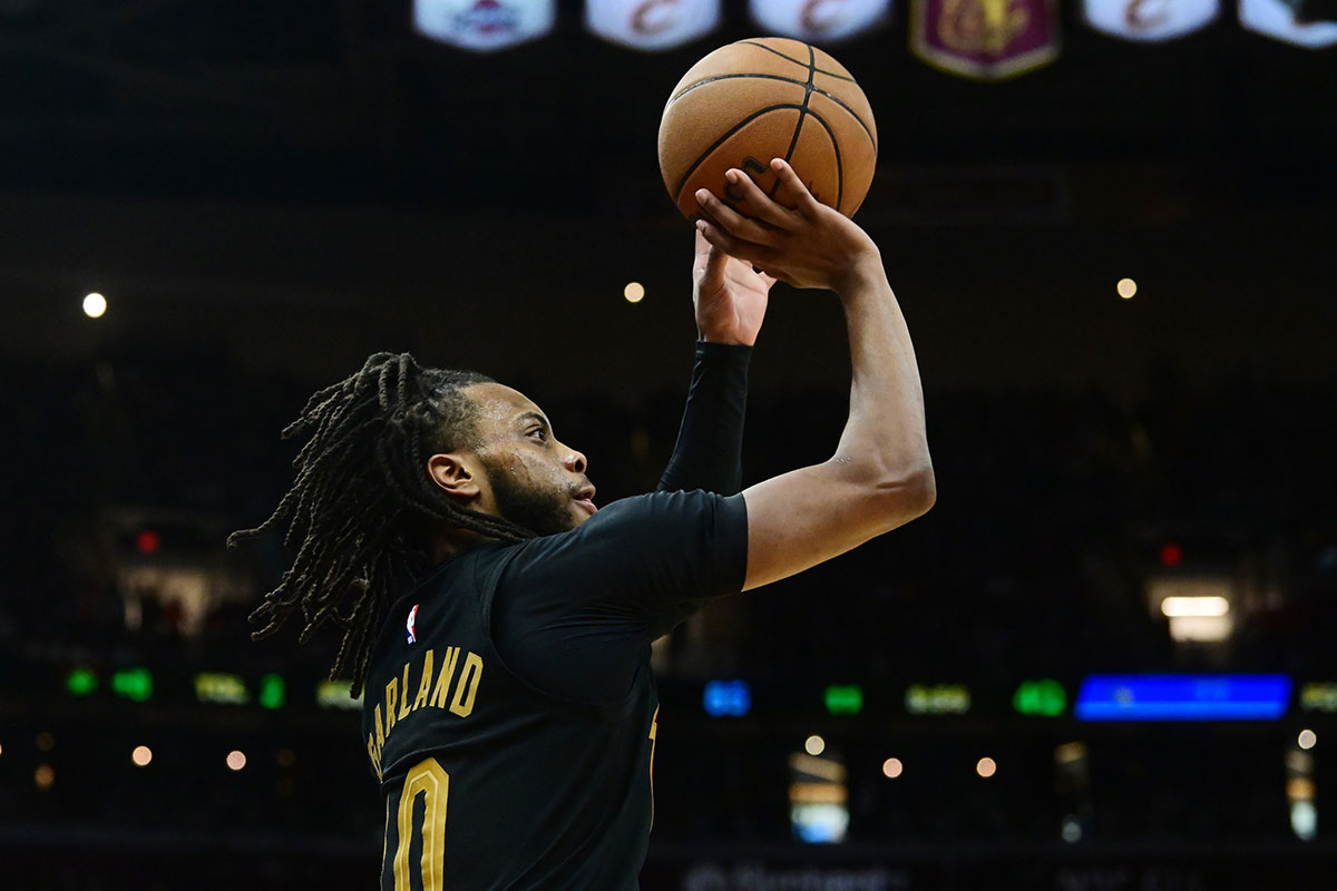 Cleveland Cavaliers guard Darius Garland (10) shoots a three point basket during the second half against the Orlando Magic in game seven of the first round for the 2024 NBA playoffs at Rocket Mortgage FieldHouse.