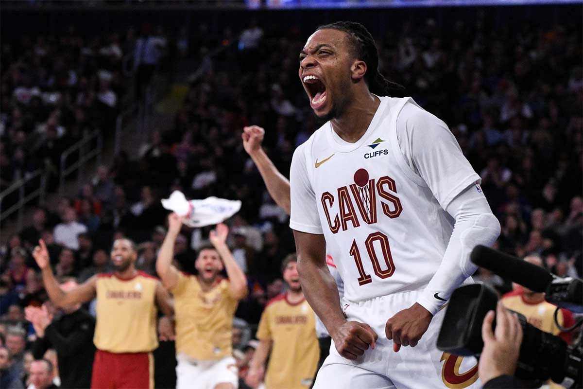 Cleveland Cavaliers guard Darius Garland (10) reacts during the second half against the New York Knicks at Madison Square Garden.