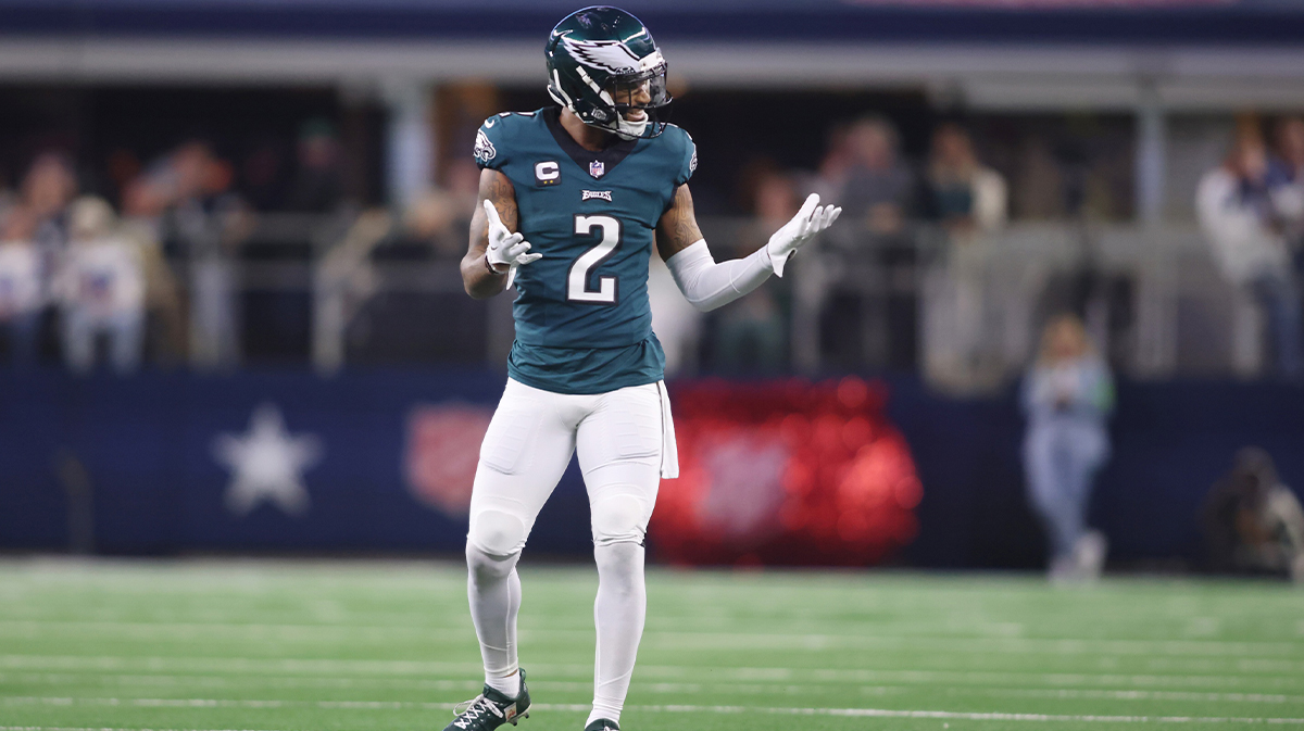 Philadelphia Eagles cornerback Darius Slay (2) reacts after being called for pass interference against the Dallas Cowboys in the first quarter at AT&T Stadium.