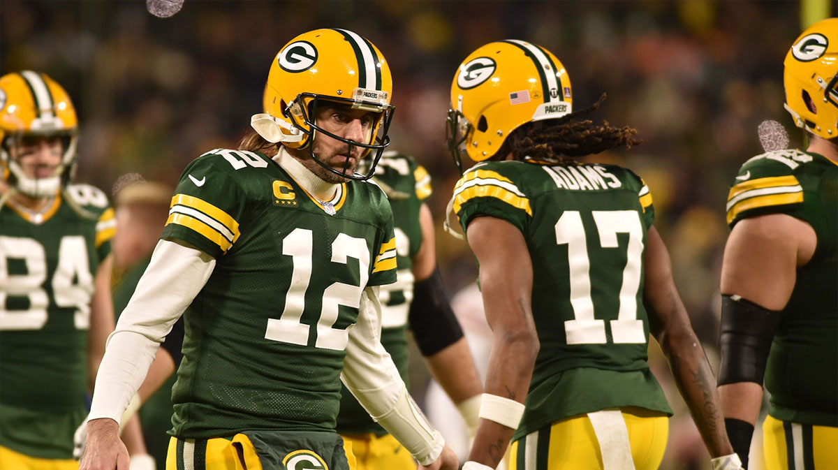 Green Bay Packers quarterback Aaron Rodgers (12) and wide receiver Davante Adams (17) in action against the San Francisco 49ers during a NFC Divisional playoff football game at Lambeau Field.