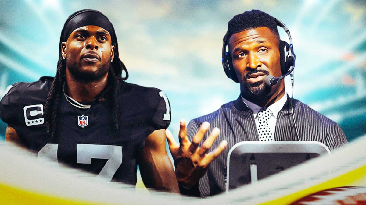 Davante Adams in a Las Vegas Raiders uniform with former teammate James Jones in street clothes as Jones is suggesting Adams could go leave the raiders and go to the New Orleans Saints.