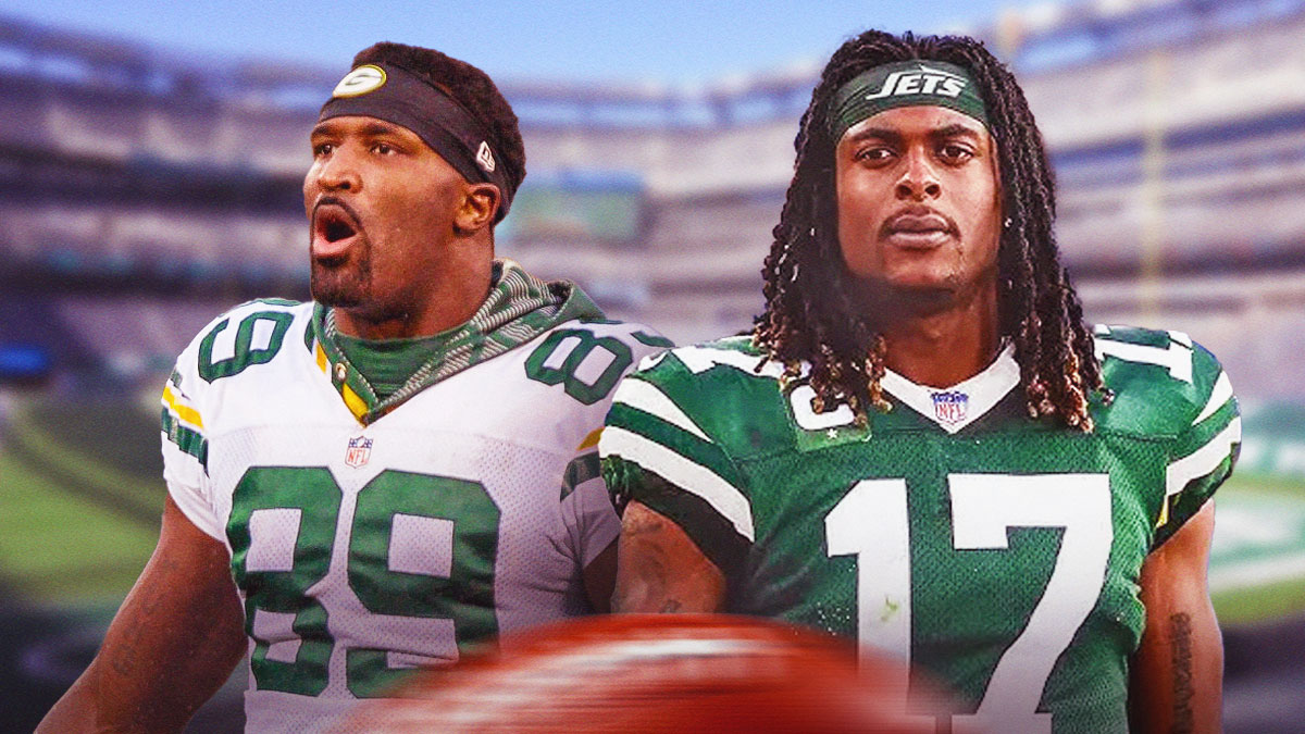 Davante Adams (jets gear) and James Jones (Packers) in front of the Jets stadium.