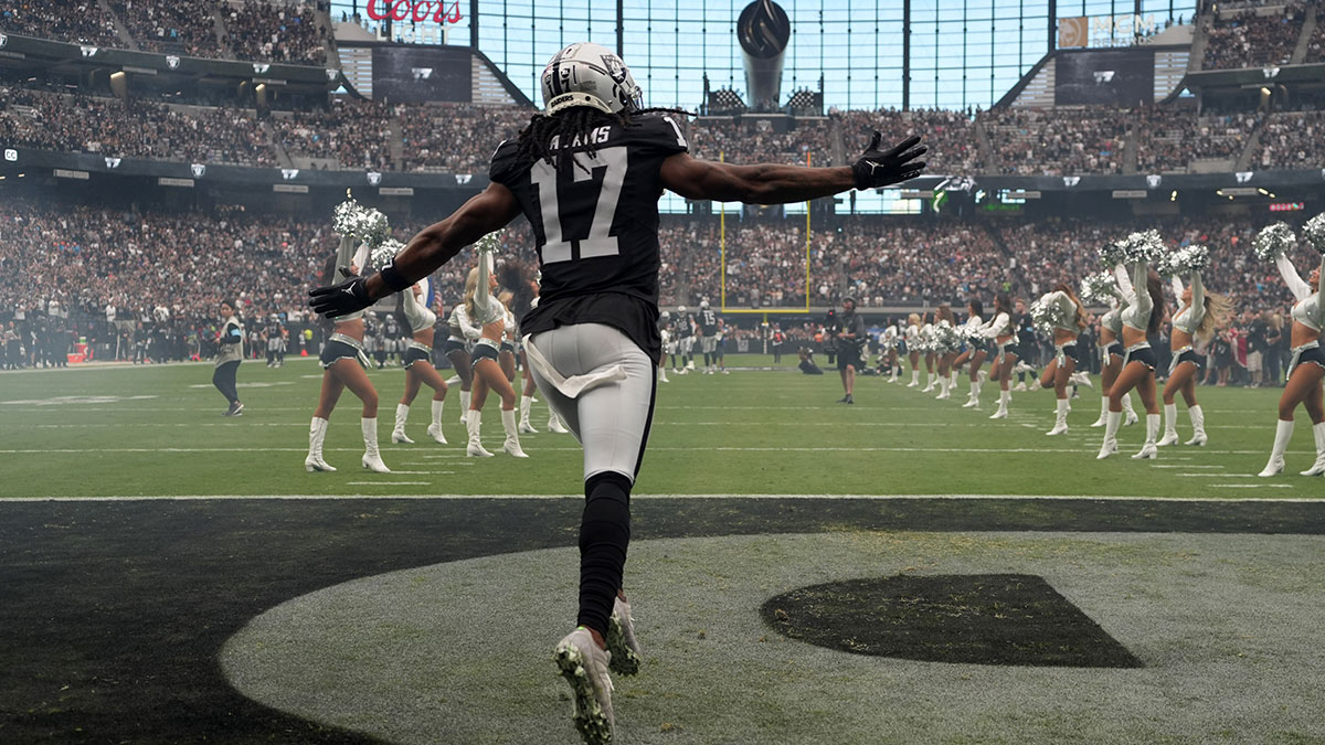 Sep 22, 2024; Paradise, Nevada, USA; Las Vegas Raiders wide receiver Davante Adams (17) enters the field before the game against the Carolina Panthers at Allegiant Stadium. 