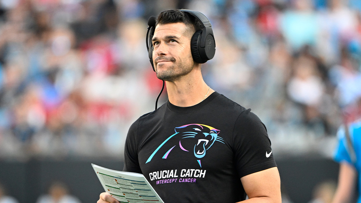 Carolina Panthers head coach Dave Canales on the sidelines in the second quarter at Bank of America Stadium.