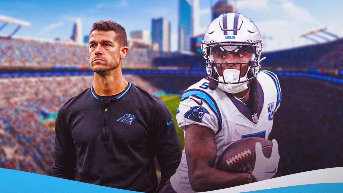 Dave Canales next to Diontae Johnson (Panthers) in front of the Panthers Stadium
